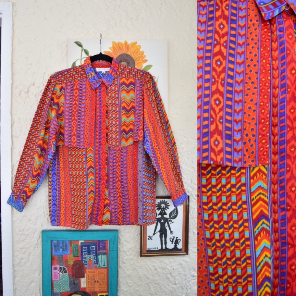 80s funky rainbow novelty print western button down shirt (S)
